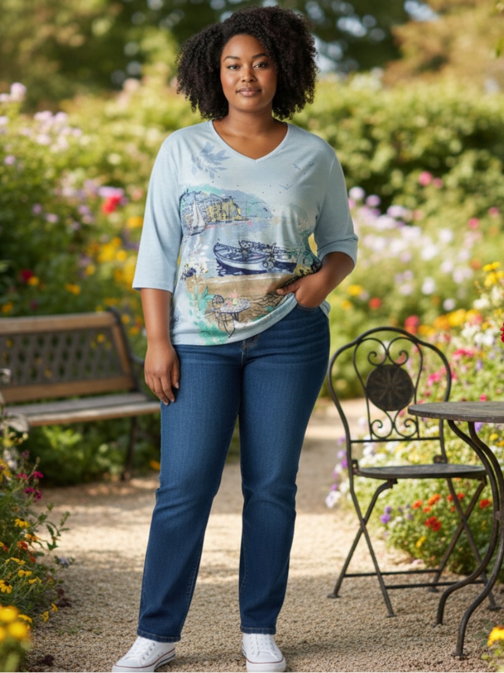 Jason Maxwell Light Blue Coastal Boat Print V-Neck Top